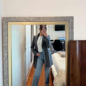 Zara grey tweed coat with shoulder pads.